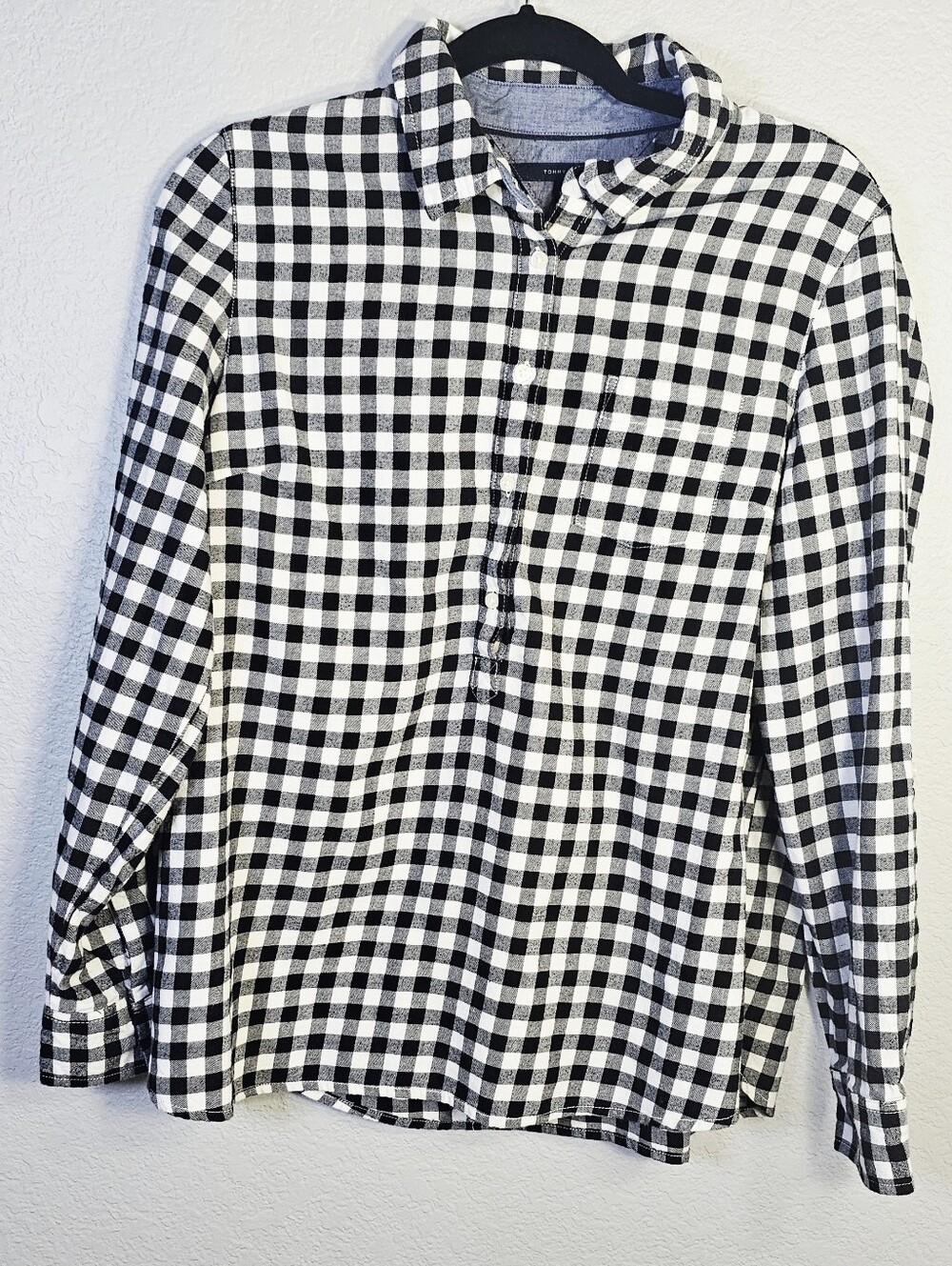 Tommy Hilfiger XL Black White Buffalo Plaid Popover Shirt 100% Cotton